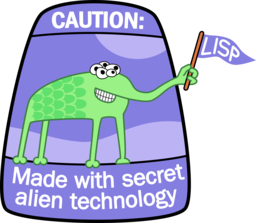 A logo for Common Lisp that has an alien holding a Lisp flag, and the caption says 'Made with Alien Technology'