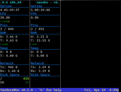 Screenshot of YandereMon monitoring two systems